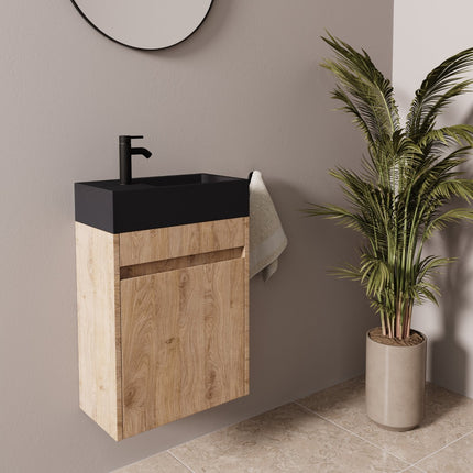 Meuble de toilette suspendu chêne clair avec vasque noire - 40 cm - Ibiza
