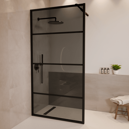 Paroi de douche design en verre fumé rayé avec profilé aluminium noir - Noir - 100 x 200 cm - Tacna