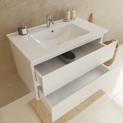 Meuble de salle de bain suspendu design moderne avec vasque fine en marbre minéral - Blanc brillant - 80 cm - Verona