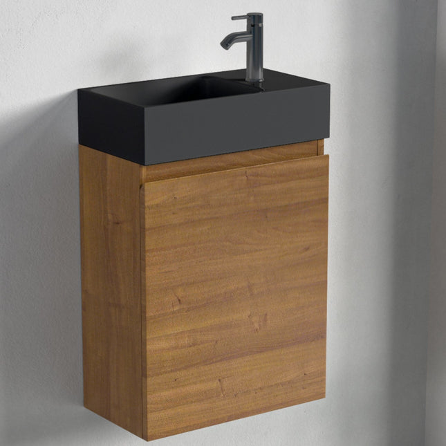 Meuble suspendu chêne chaud avec vasque lavabo noire - 40 cm - Malibu