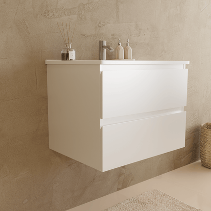 Meuble de salle de bains suspendu design avec vasque en marbre minéral - blanc brillant - 60 cm - Marenza