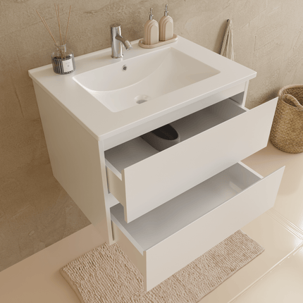 Meuble de salle de bains suspendu design avec vasque en marbre minéral - blanc brillant - 60 cm - Marenza