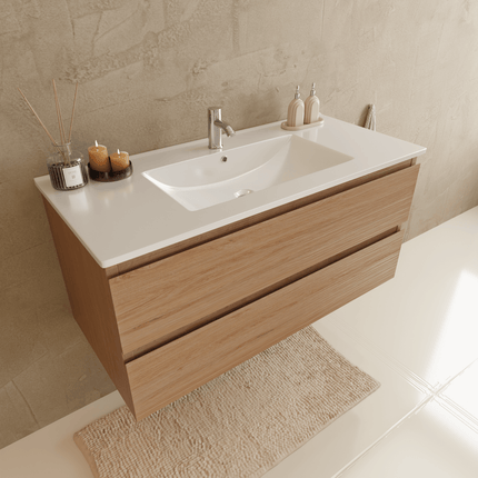 Meuble de salle de bains suspendu Marenza avec vasque en marbre minéral - blanc - 100 cm - Marenza
