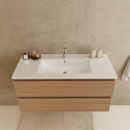 Meuble de salle de bains suspendu Marenza avec vasque en marbre minéral - blanc - 100 cm - Marenza