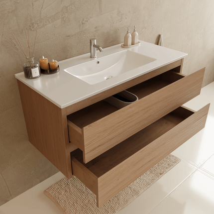 Meuble de salle de bains suspendu Marenza avec vasque en marbre minéral - blanc - 100 cm - Marenza