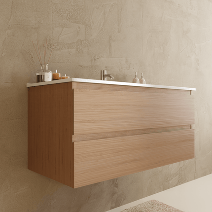 Meuble de salle de bains suspendu Marenza avec vasque en marbre minéral - blanc - 100 cm - Marenza