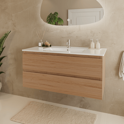 Meuble de salle de bains suspendu Marenza avec vasque en marbre minéral - blanc - 100 cm - Marenza