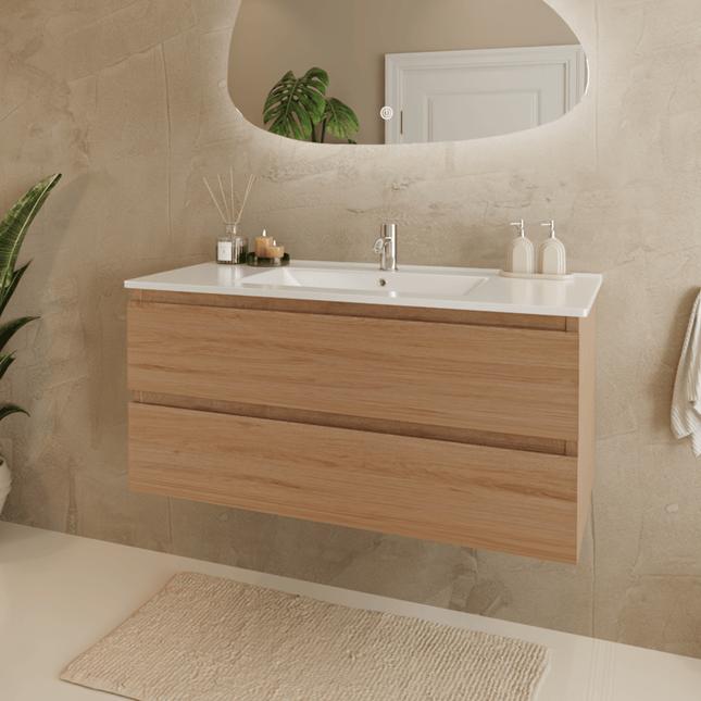 Meuble de salle de bains suspendu Marenza avec vasque en marbre minéral - blanc - 100 cm - Marenza