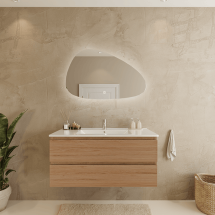Meuble de salle de bains suspendu Marenza avec vasque en marbre minéral - blanc - 100 cm - Marenza