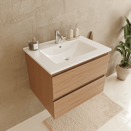 Meuble suspendu chêne clair avec vasque minérale blanche - 60 cm - Marenza