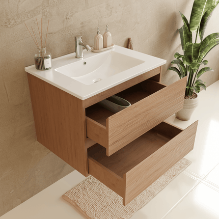 Meuble suspendu chêne clair avec vasque minérale blanche - 60 cm - Marenza