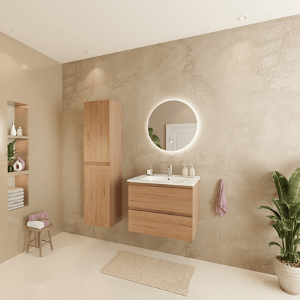 Meuble suspendu chêne clair avec vasque minérale blanche - 60 cm - Marenza