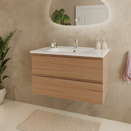 Meuble de salle de bains suspendu chêne clair avec lavabo marbre minéral blanc - 80 cm - Marenza