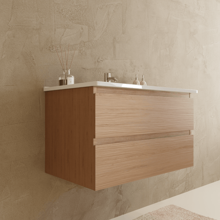 Meuble de salle de bains suspendu chêne clair avec lavabo marbre minéral blanc - 80 cm - Marenza