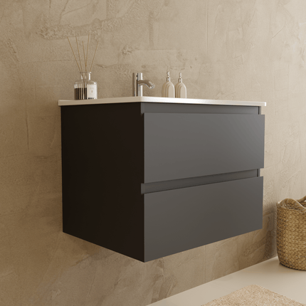 Meuble de salle de bain suspendu mat noir avec vasque blanche - 60 cm - Marenza