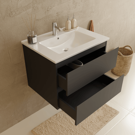 Meuble de salle de bain suspendu mat noir avec vasque blanche - 60 cm - Marenza