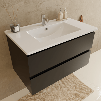 Meuble de salle de bains suspendu design avec lavabo en marbre minéral - Noir et blanc - 80 cm - Marenza