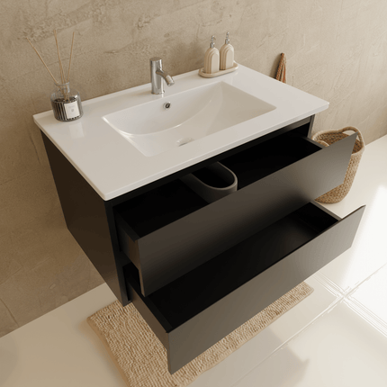 Meuble de salle de bains suspendu design avec lavabo en marbre minéral - Noir et blanc - 80 cm - Marenza