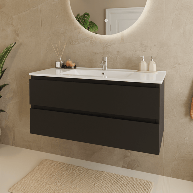 Meuble de salle de bains suspendu design mat avec vasque en marbre minéral - Noir et blanc - 100 cm - Marenza