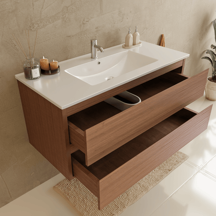 Meuble de salle de bains suspendu finition chêne avec vasque en marbre minéral - blanc - 100 cm - Marenza