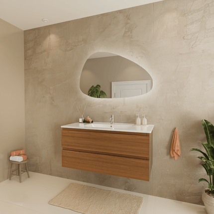 Meuble de salle de bains suspendu finition chêne avec vasque en marbre minéral - blanc - 100 cm - Marenza