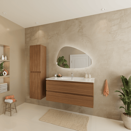 Meuble de salle de bains suspendu finition chêne avec vasque en marbre minéral - blanc - 100 cm - Marenza