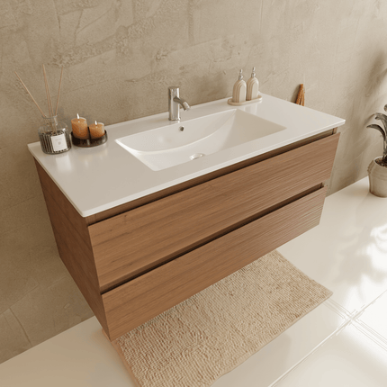 Meuble de salle de bains suspendu finition chêne avec vasque en marbre minéral - blanc - 100 cm - Marenza