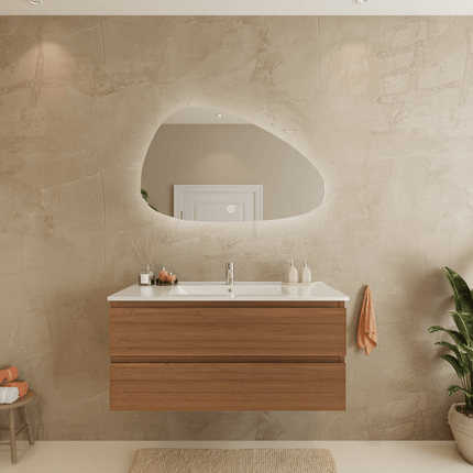 Meuble de salle de bains suspendu finition chêne avec vasque en marbre minéral - blanc - 100 cm - Marenza