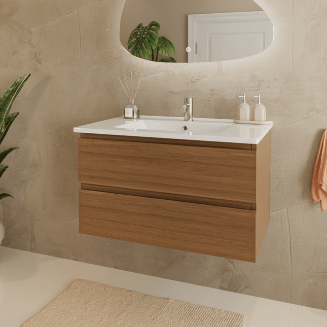 Meuble suspendu design avec vasque en marbre minéral - blanc - 80 cm - Marenza