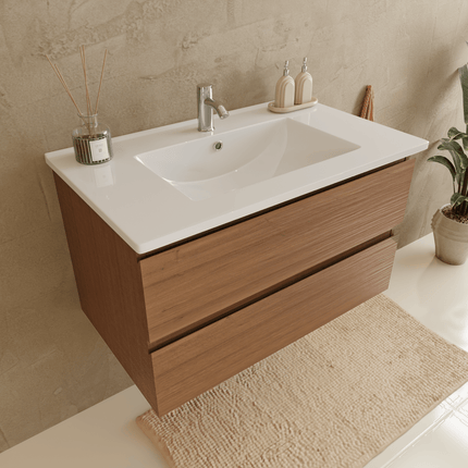 Meuble suspendu design avec vasque en marbre minéral - blanc - 80 cm - Marenza