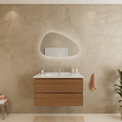 Meuble suspendu design avec vasque en marbre minéral - blanc - 80 cm - Marenza
