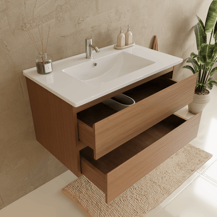 Meuble suspendu design avec vasque en marbre minéral - blanc - 80 cm - Marenza