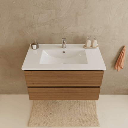 Meuble suspendu design avec vasque en marbre minéral - blanc - 80 cm - Marenza