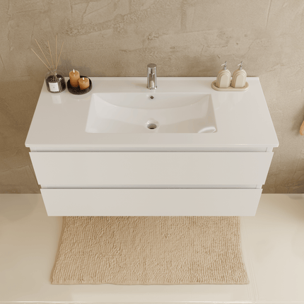 Meuble de salle de bains suspendu design avec vasque en marbre minéral - blanc - 100 cm - Marenza