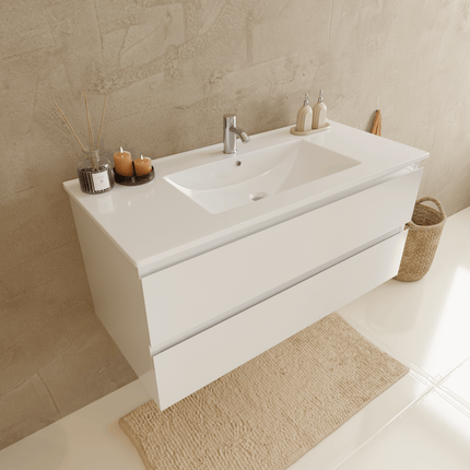 Meuble de salle de bains suspendu design avec vasque en marbre minéral - blanc - 100 cm - Marenza
