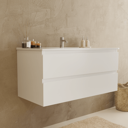 Meuble de salle de bains suspendu design avec vasque en marbre minéral - blanc - 100 cm - Marenza