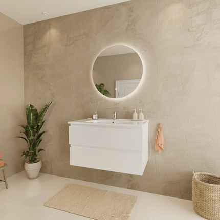 Meuble de salle de bain suspendu design épuré avec vasque en marbre minéral - blanc - 80 cm - Marenza