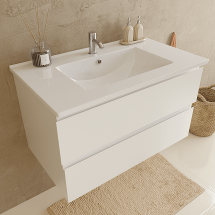 Meuble de salle de bain suspendu design épuré avec vasque en marbre minéral - blanc - 80 cm - Marenza