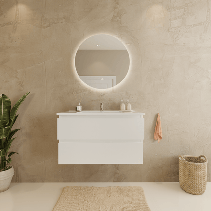 Meuble de salle de bain suspendu design épuré avec vasque en marbre minéral - blanc - 80 cm - Marenza