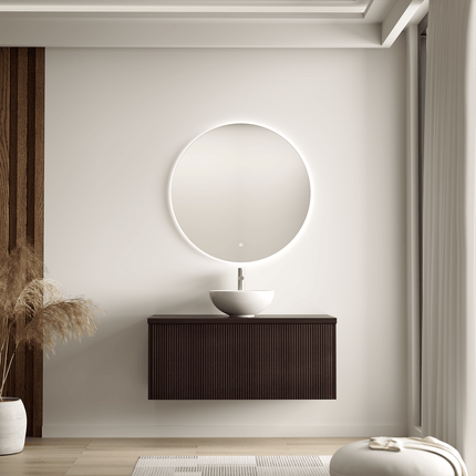 Meuble de salle de bain suspendu à nervures arrondies avec vasque blanche en céramique - noyer - 100 cm - Messina