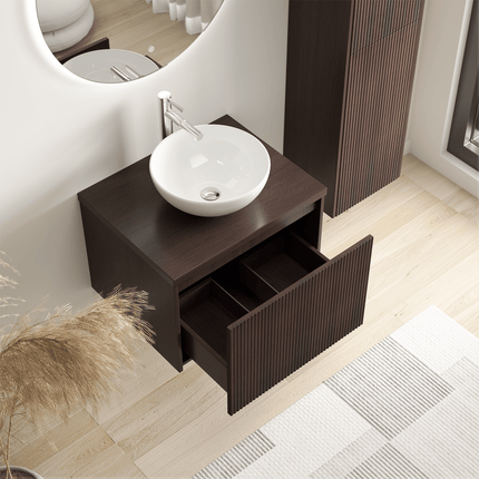 Meuble de salle de bains suspendu finition noyer avec vasque céramique blanche - 60 cm - Messina