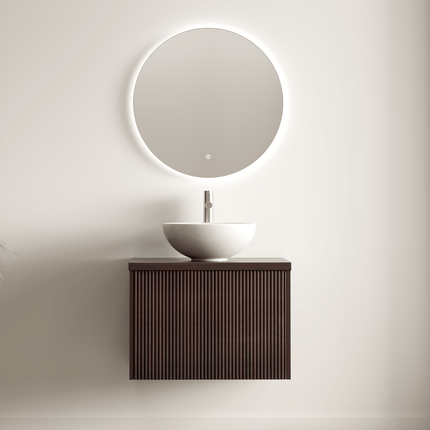 Meuble de salle de bains suspendu finition noyer avec vasque céramique blanche - 60 cm - Messina
