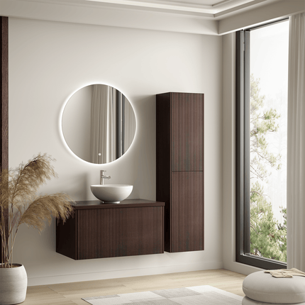 Meuble suspendu cannelé avec vasque céramique blanche - Noyer - 80 cm - Messina