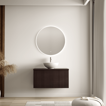 Meuble suspendu cannelé avec vasque céramique blanche - Noyer - 80 cm - Messina
