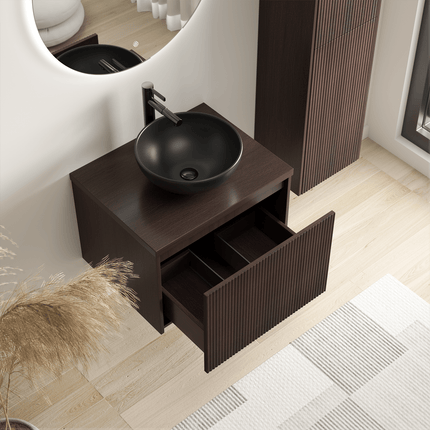 Meuble de salle de bains suspendu à nervures arrondies avec vasque céramique noire - Noyer - 60 cm - Messina