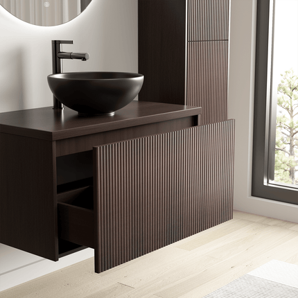 Meuble de salle de bain suspendu cannelé avec vasque céramique noire - noyer - 80 cm - Messina