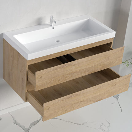 Meuble de salle de bain suspendu élégant avec vasque blanche intégrée - Chêne - 100 cm - Monaco