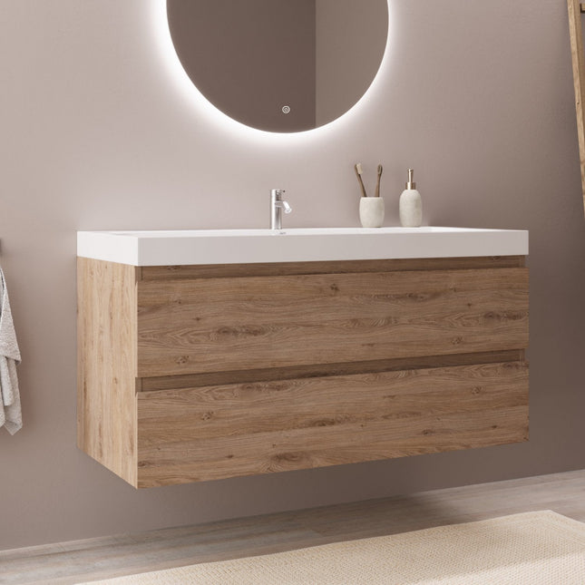 Meuble de salle de bain suspendu élégant avec vasque blanche intégrée - Chêne - 100 cm - Monaco