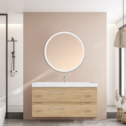 Meuble de salle de bain suspendu élégant avec vasque blanche intégrée - Chêne - 100 cm - Monaco