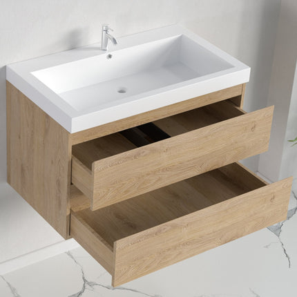 Meuble de salle de bain suspendu design épuré avec vasque intégrée - Blanc et chêne - 80 cm - Monaco
